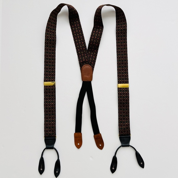 Cole Haan X-Back Suspenders Jacquard Leather Button Attachment Brass Adjusters - Picture 4 of 6